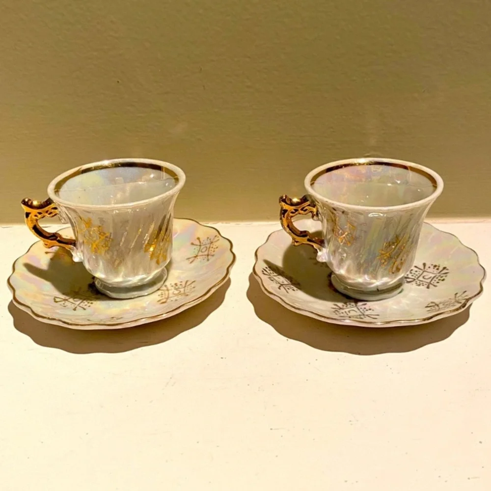 Victorian Lovers Teacups Courting Couple 1900s Japan 24K Gold Pearl Demitasse